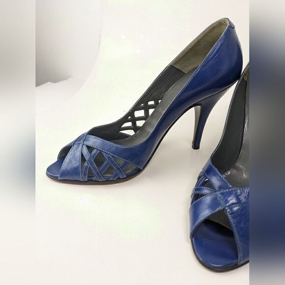 cobalt blue low heel italian leather shoe peep toe vintage size 5 retro fancy - Picture 3 of 10